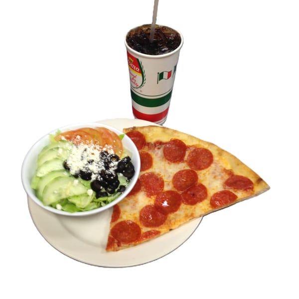 Niki's Pizza pepperoni slice, side salad with olives and cheese, and a soda.