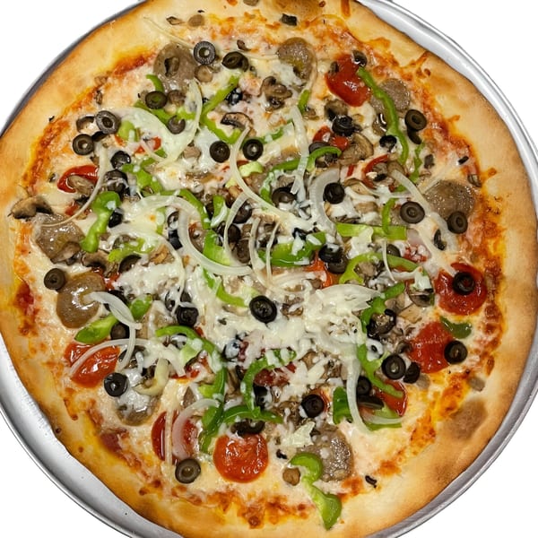Niki's Pizza with pepperoni, sausage, green peppers, onions, mushrooms, and black olives.