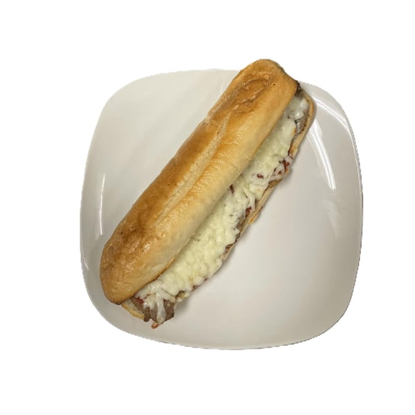 A Niki's Pizza cheesesteak sandwich with melted cheese on a white plate.